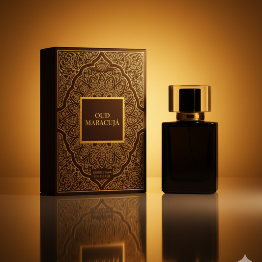 Oud Maracuja perfume bottle and packaging on a reflective surface with a warm background