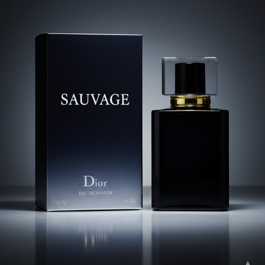 Perfume bottle with orange and lavender on a wooden surface with a forest background