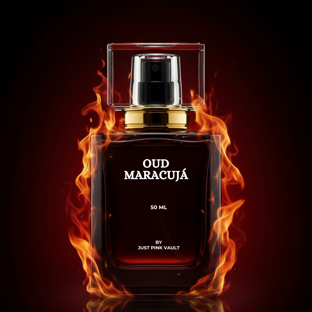 Elegant 50ml Oud Maracujá perfume bottle by Just Pink Vault. A luxurious unisex fragrance combining passionfruit, jasmine, and oud for long-lasting allure.