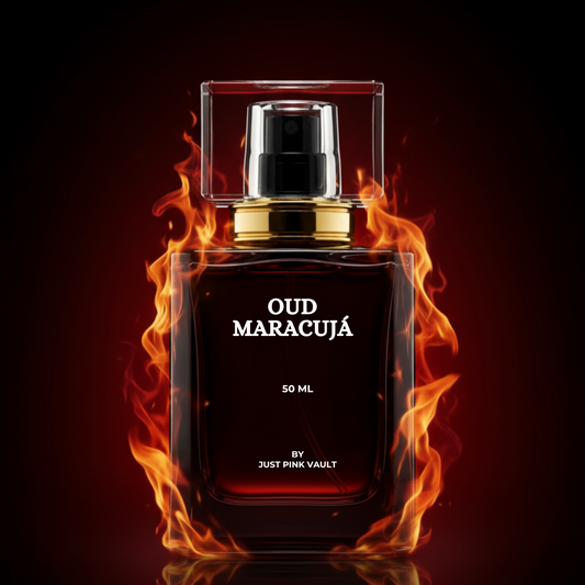 Elegant 50ml Oud Maracujá perfume bottle by Just Pink Vault. A luxurious unisex fragrance combining passionfruit, jasmine, and oud for long-lasting allure.