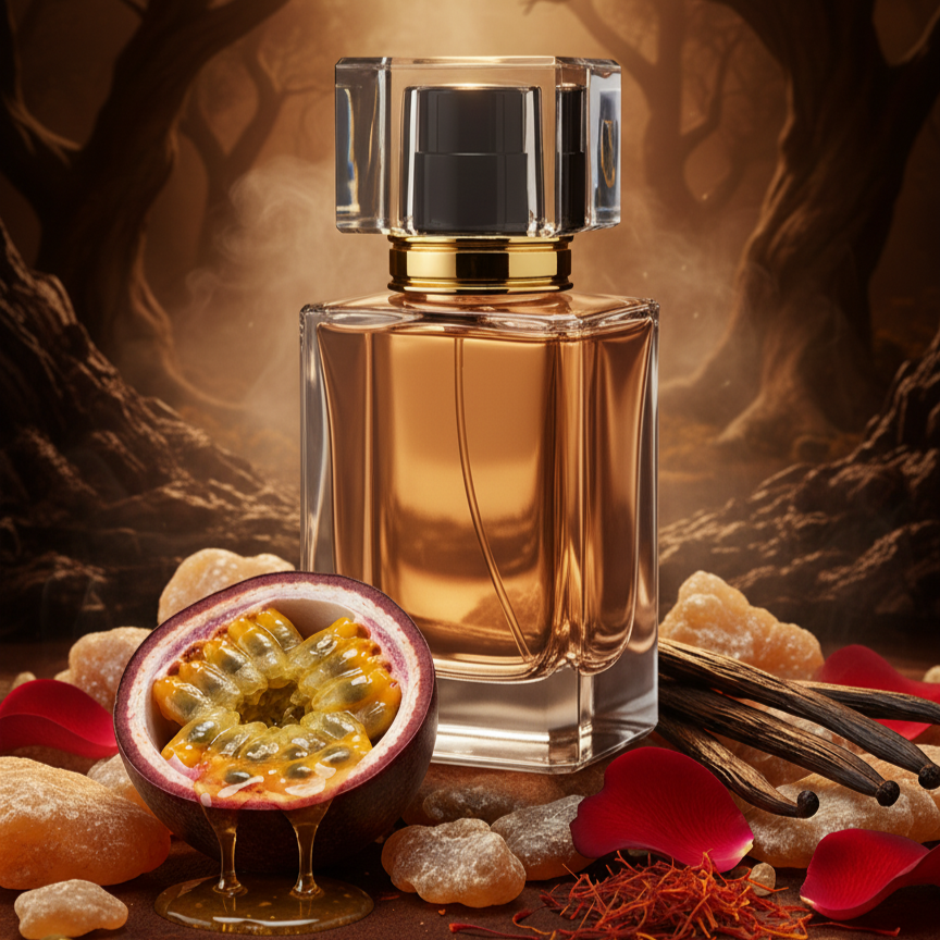 Perfume bottle with ingredients on a mystical forest background