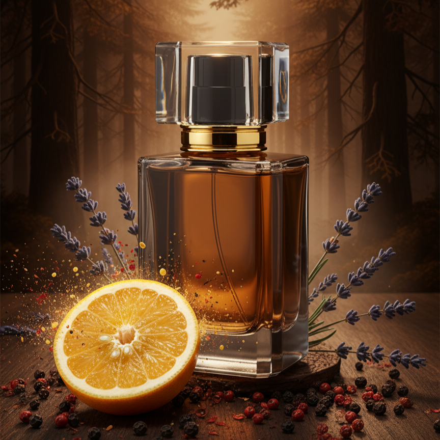 Perfume bottle with orange and lavender on a wooden surface with a forest background